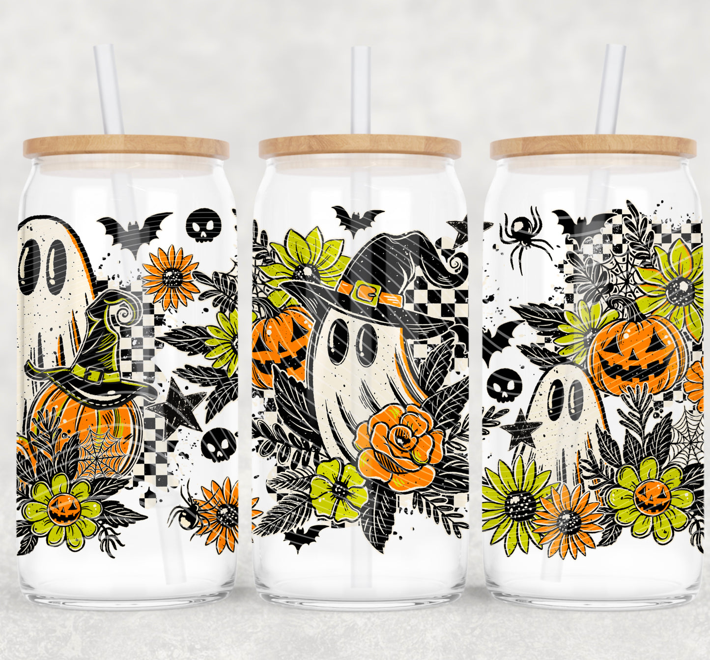 Floral Ghostie UV DTF Libbey Transfer | Trendy Halloween Libbey Wrap | Ready to Transfer | High Quality | Waterproof UV Transfer