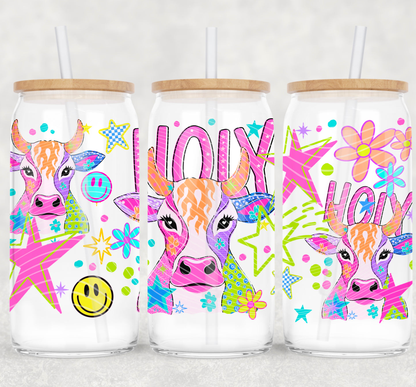 Holy Cow UV DTF Wrap | 16oz Libbey Cup Wrap | Retro Cow Glass Can Transfer | UV DTF Cup Decal