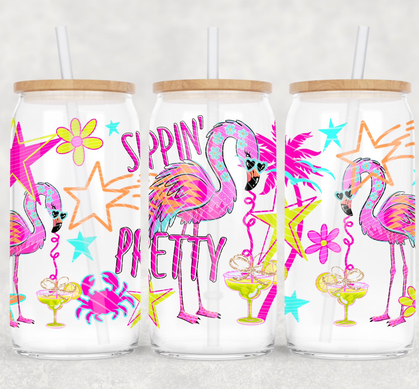 Sippin Pretty UV DTF Wrap | 16oz Libbey Cup Wrap | Flamingo Glass Can Transfer | Cute UV DTF Decal