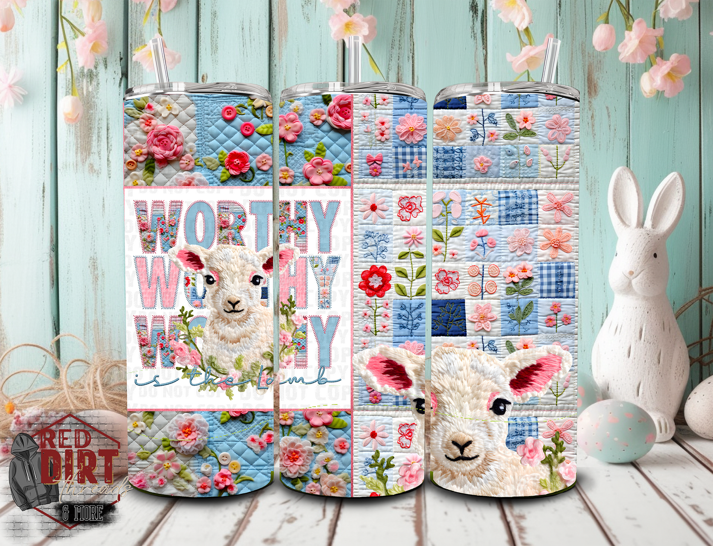 Worthy is the Lamb Insulated Tumbler with Plastic Lid and Sealed Reusable Straw | Easter Faux Embroidery Cup | Hot/Cold Tumbler