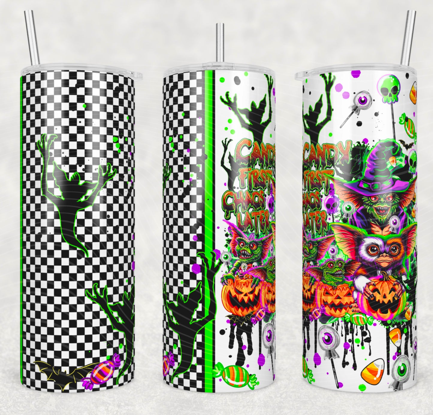 Candy First Chaos Later Insulated Tumbler with Plastic Lid and Sealed Reusable Straw | Trendy Halloween Cup | Hot/Cold Tumbler