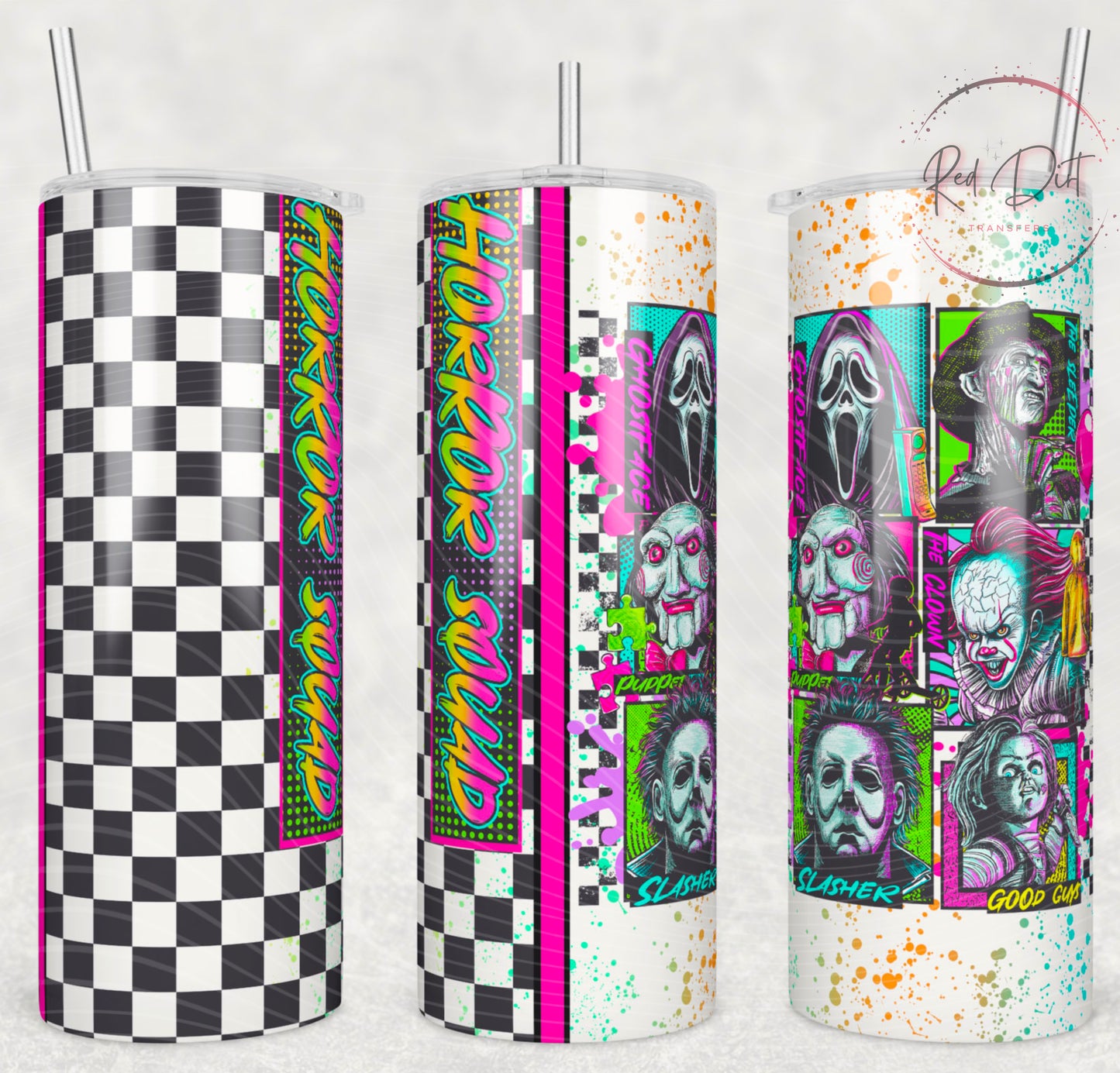 Horror Squad Insulated Tumbler with Plastic Lid and Sealed Reusable Straw | Trendy Horror Characters Cup | Hot/Cold Tumbler