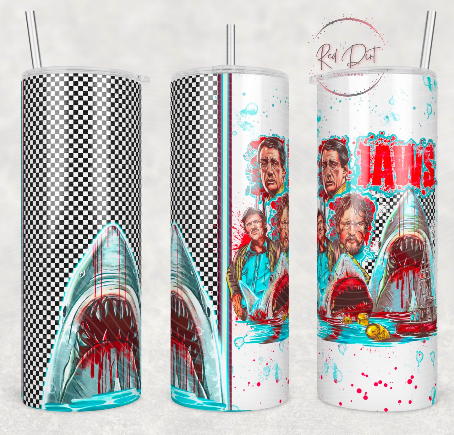 Jaw Insulated Tumbler with Plastic Lid and Sealed Reusable Straw | Trendy Throwback Movie Cup | Hot/Cold Tumbler