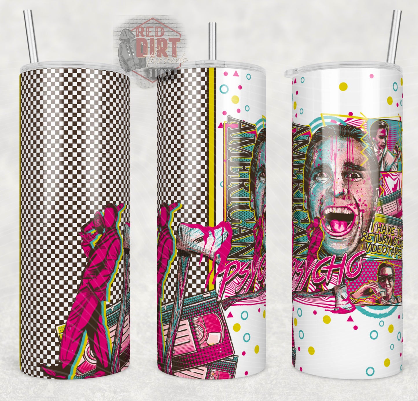 Vintage Psycho Insulated Tumbler with Plastic Lid and Sealed Reusable Straw | Trendy Horror Movie Cup | Hot/Cold Tumbler