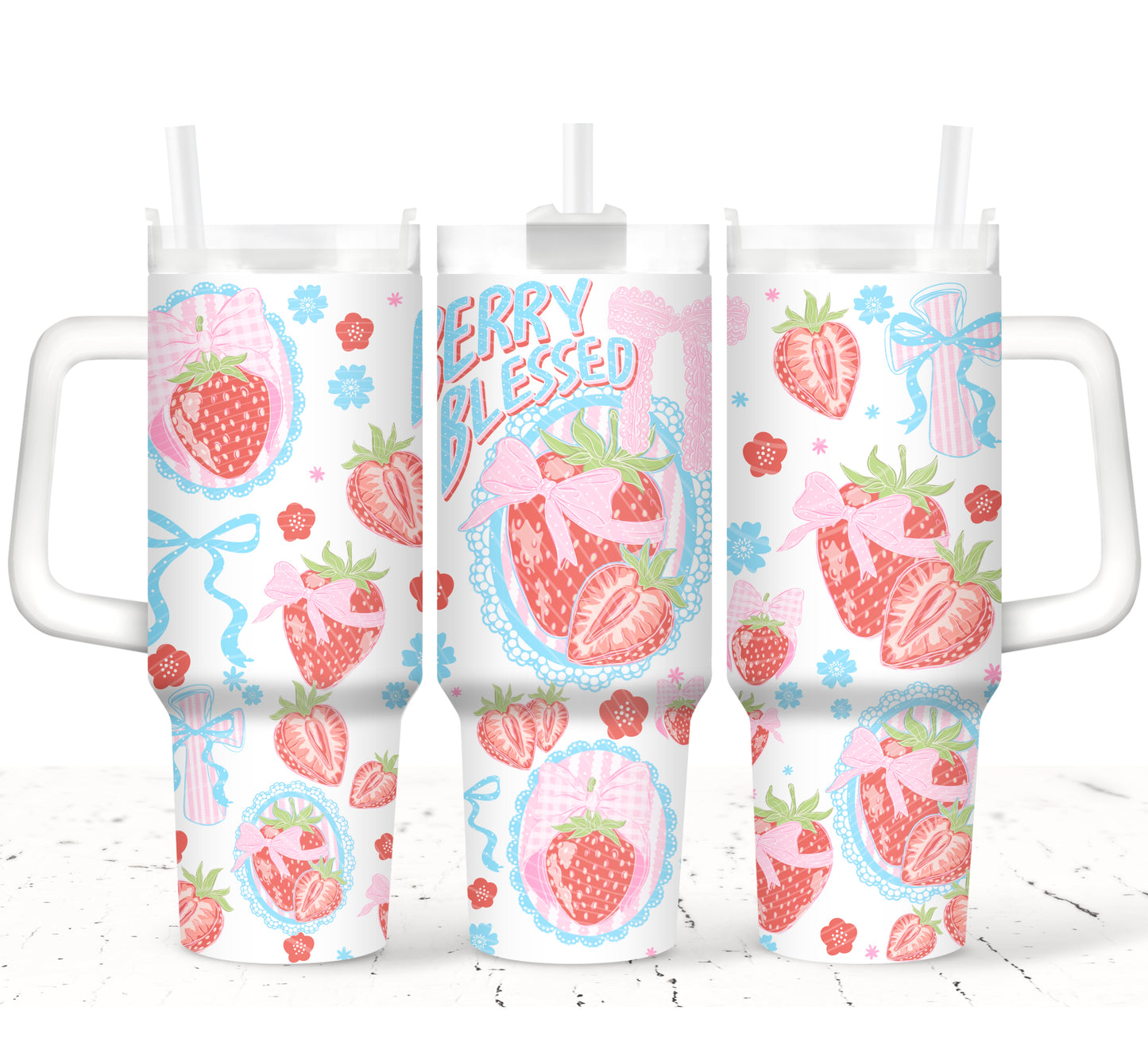 Berry Blessed UV DTF Transfer 40oz | Strawberry Coquette Bow Wrap | 40oz Tumbler Wrap Top 11x5.15 Bottom 10x3.3