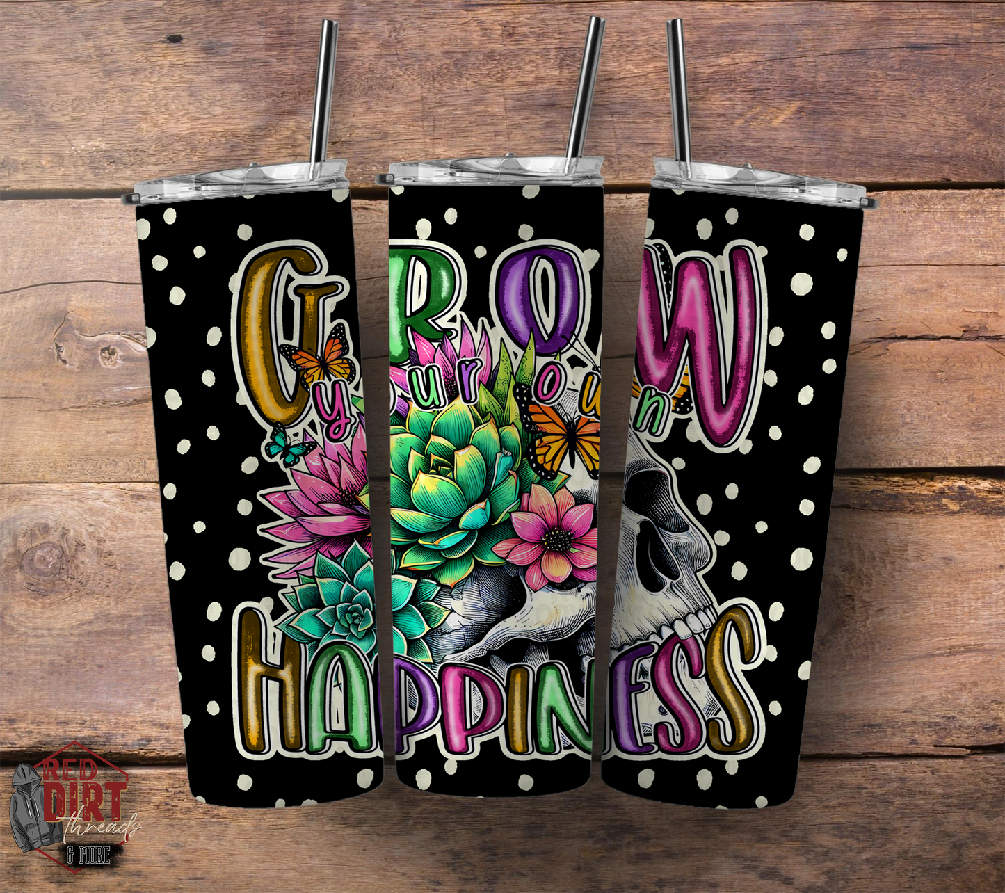 Grow Your Own Happiness Insulated Tumbler with Plastic Lid and Sealed Reusable Straw | Trendy Cup | Hot/Cold Tumbler