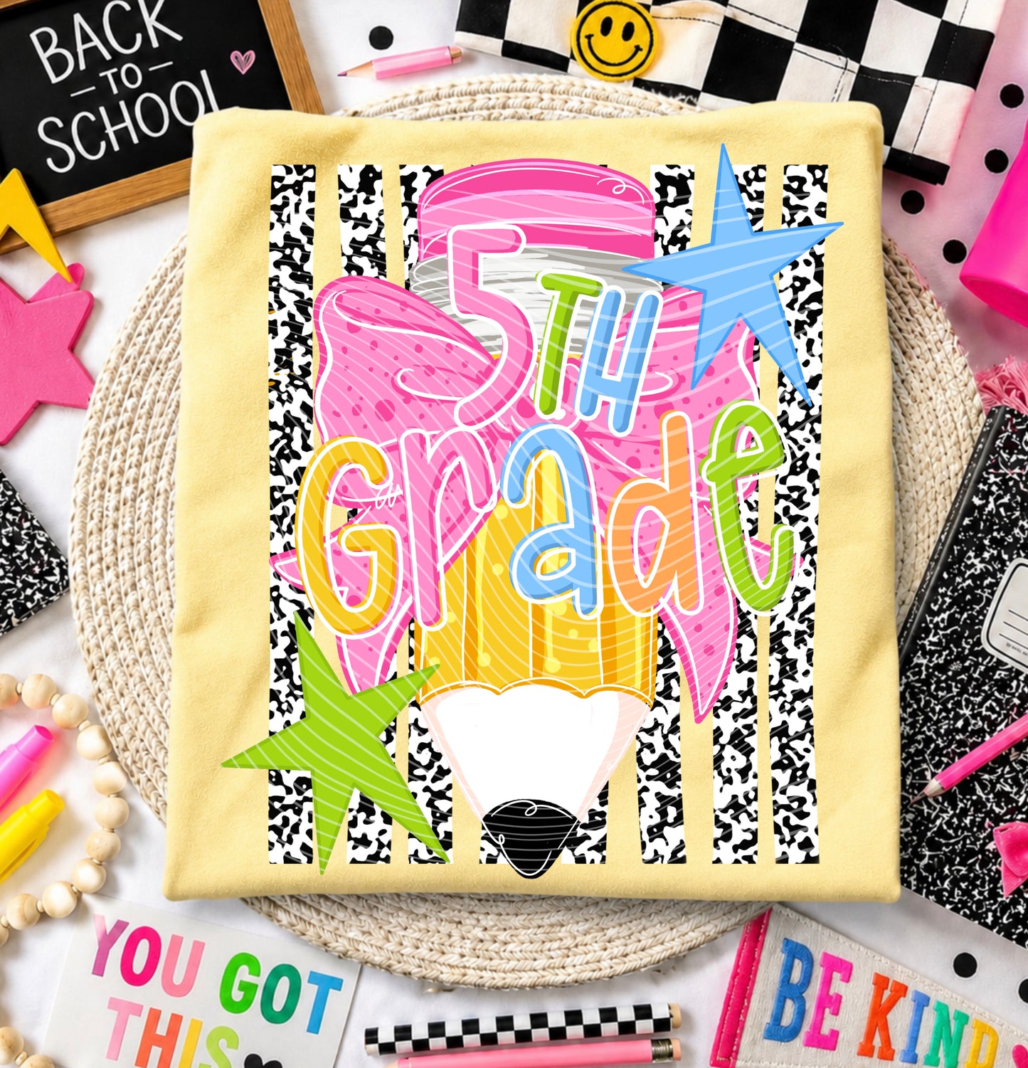 5th Grade DTF Transfer | Fifth Grade School Heat Transfer | Colorful Pencil Bow Ready to Press | Back to School Shirt Transfer