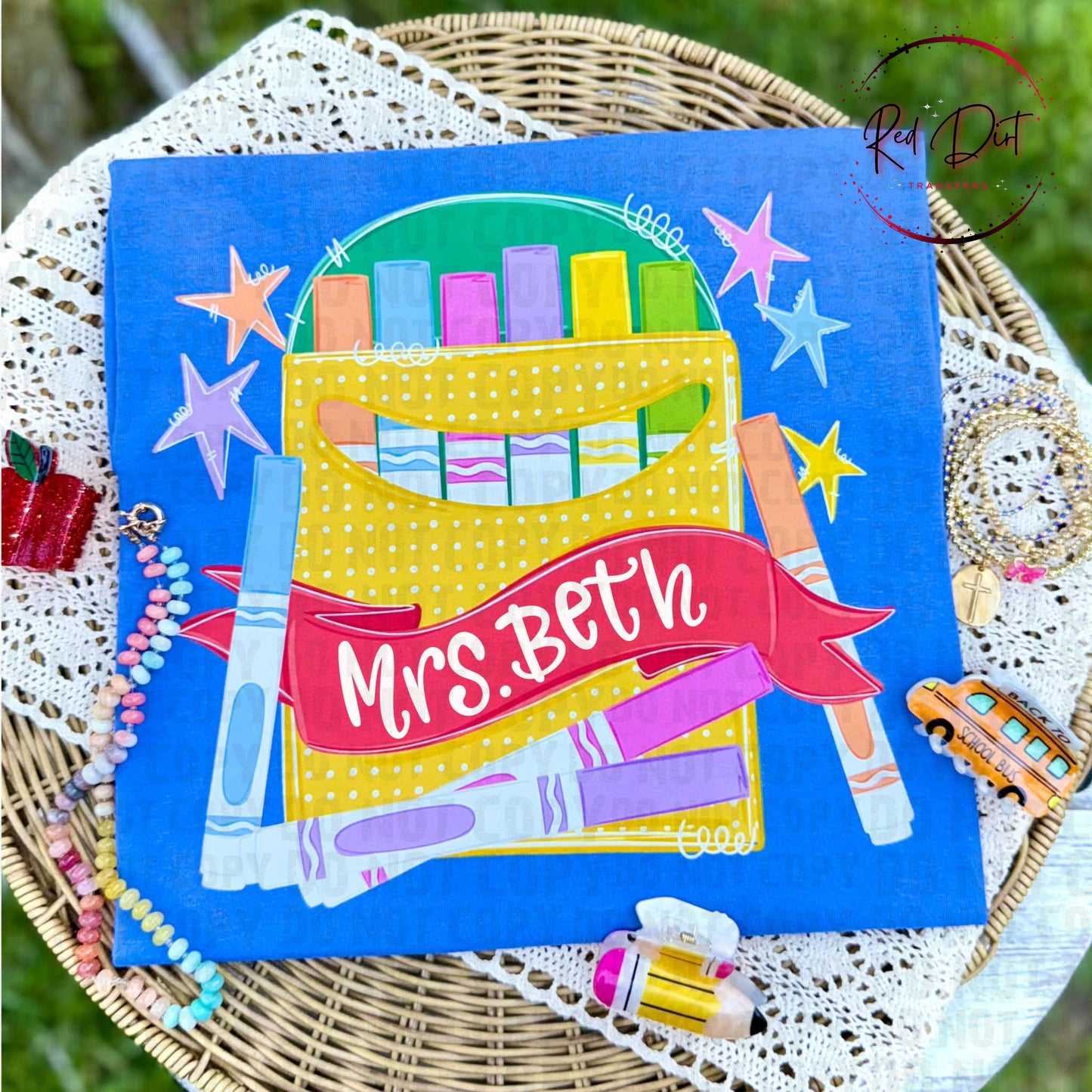 Personalized Crayon Box DTF Transfer | Teacher Name Heat Transfer | Back to School Ready to Press Transfer