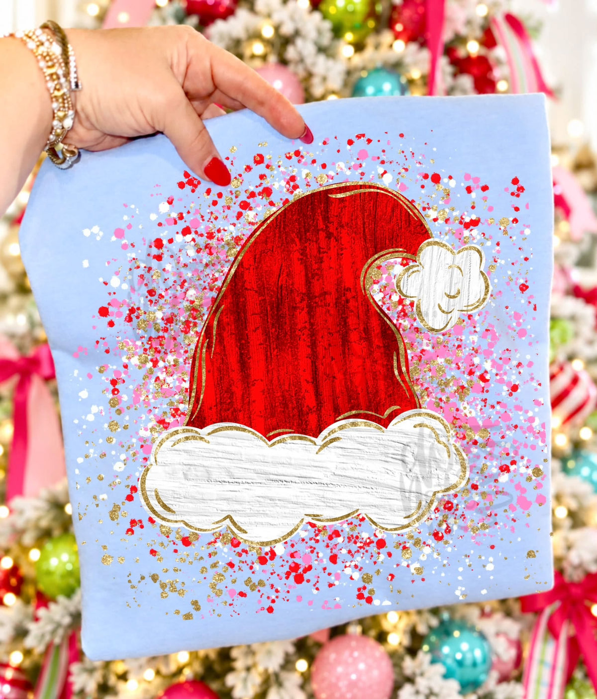 Santa Hat DTF Transfer, Christmas Shirt Transfer, Red Santa Hat with Gold Splatter, Festive Holiday DTF Design