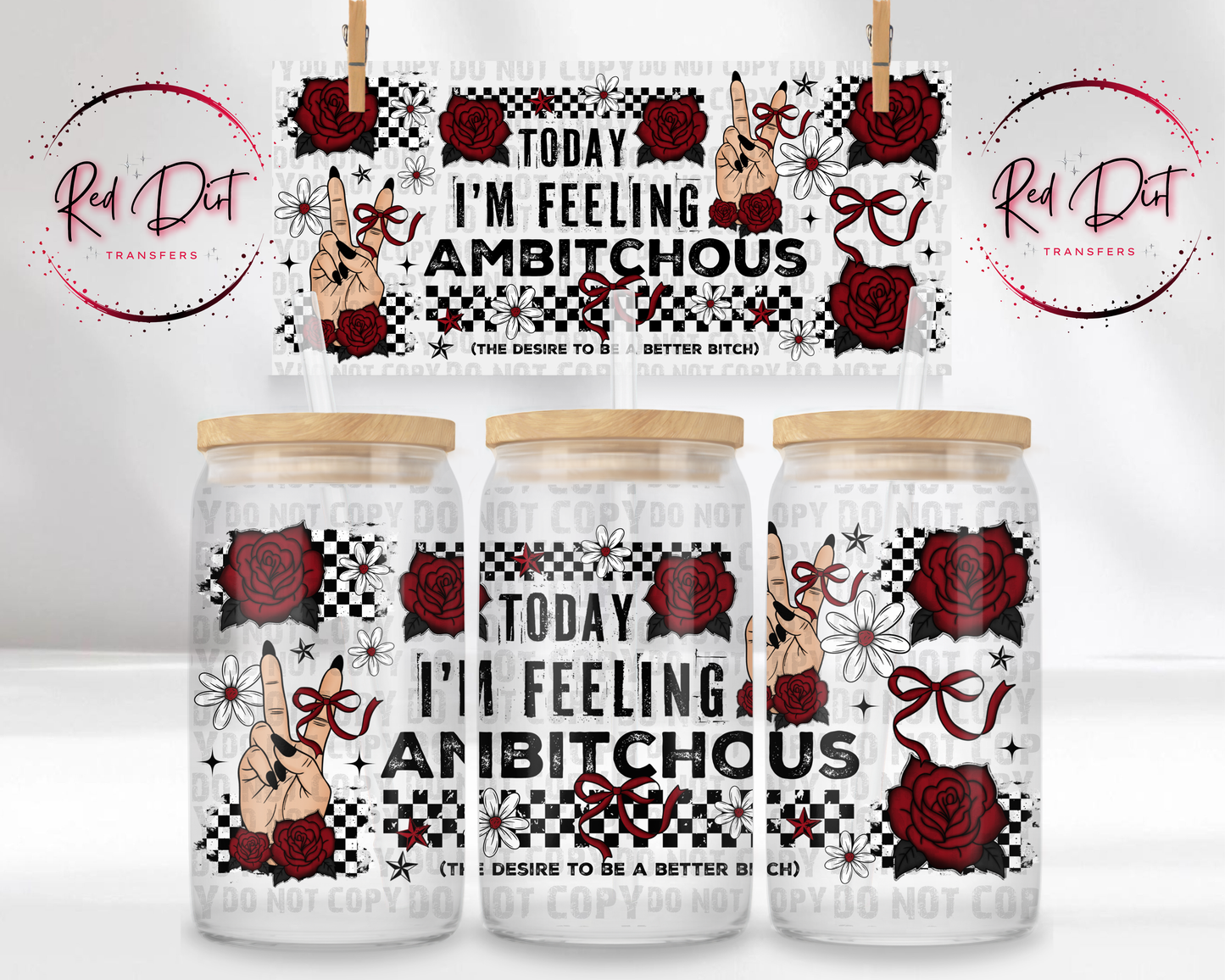 Ambitchous UV DTF Transfer, Funny Sassy Cup Wrap, 16 oz Libbey Glass Can Wrap, Retro Checkered Floral Transfer, Ready To Press Decal