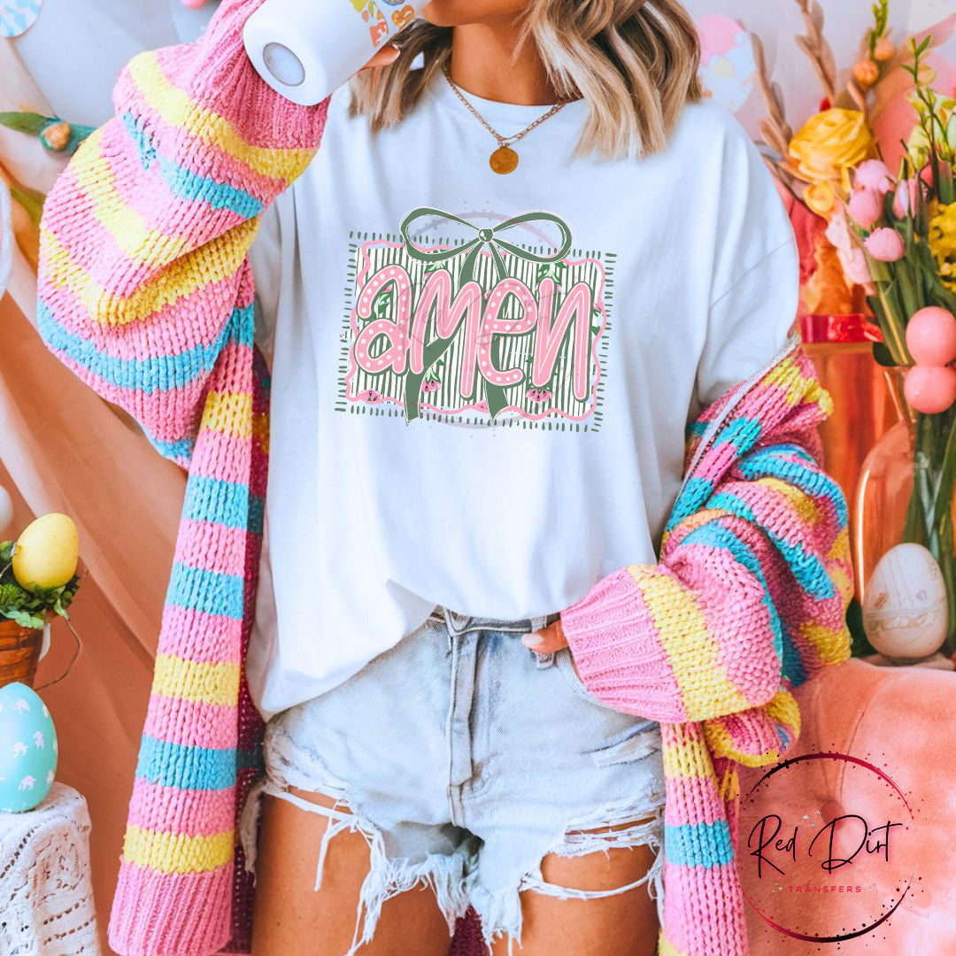 Amen DTF Transfer Ready to Press | Christian Easter Shirt Transfer | Faith Based Coquette Bow Design | Red Dirt Transfers