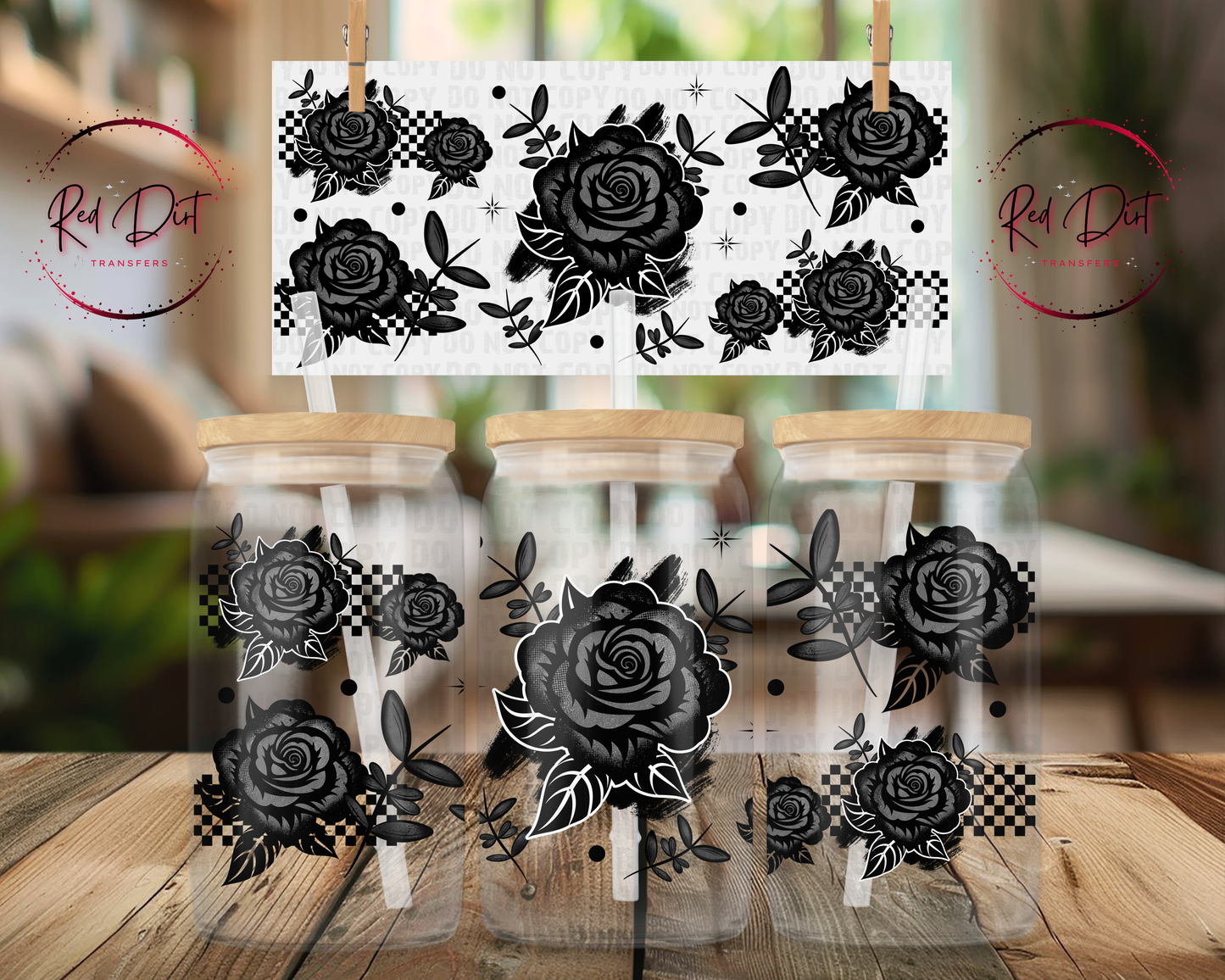 Black Rose UV DTF Wrap | Gothic Libbey Glass Can Transfer | Checkered Floral Cup Decal | Aesthetic Tumbler Wrap