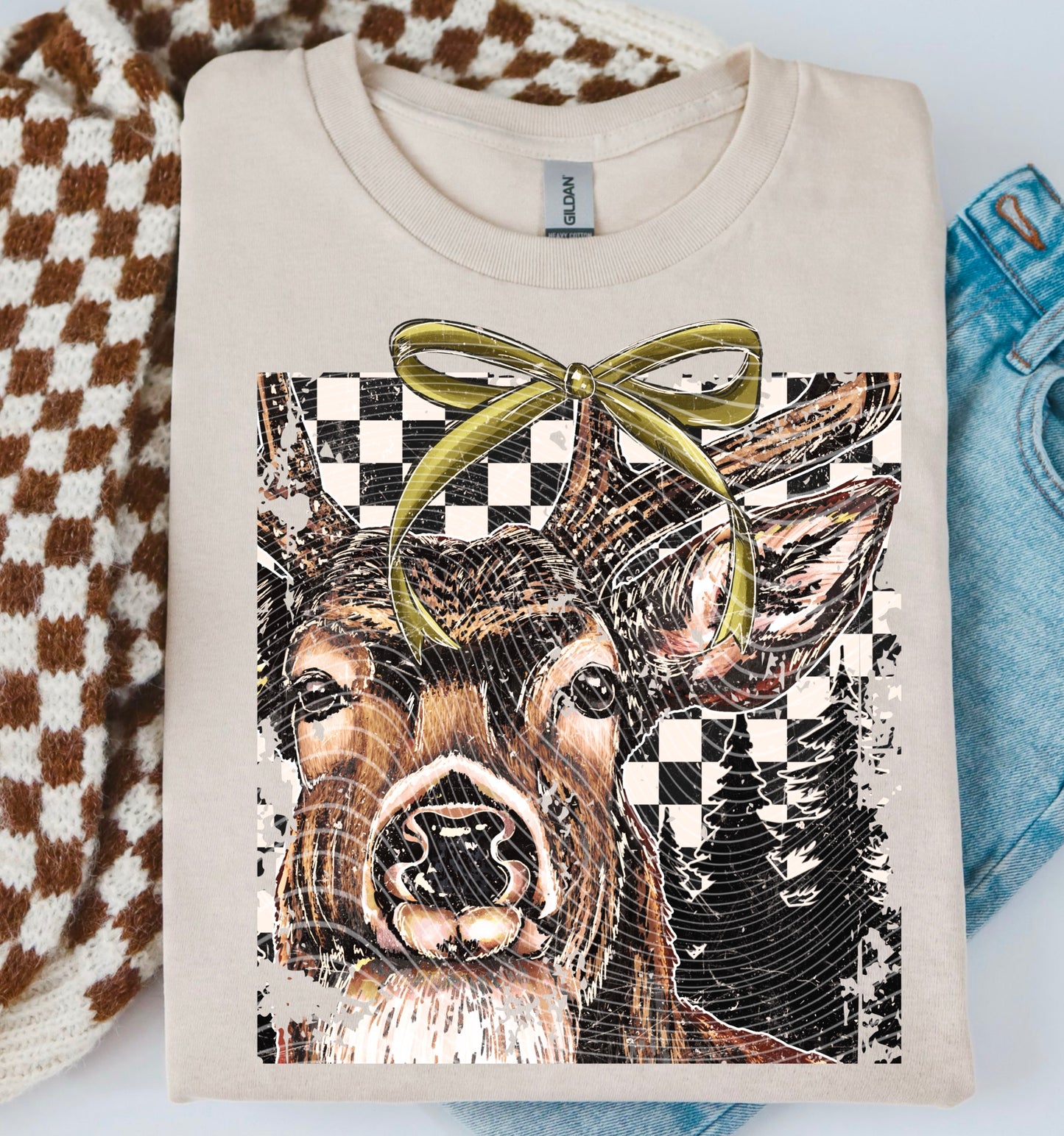 Buck (Green Bow/Checkered) DTF Transfer | Trendy Hunting DTF Transfer | High Quality Image Transfers | Ready to Press | Instant Peel