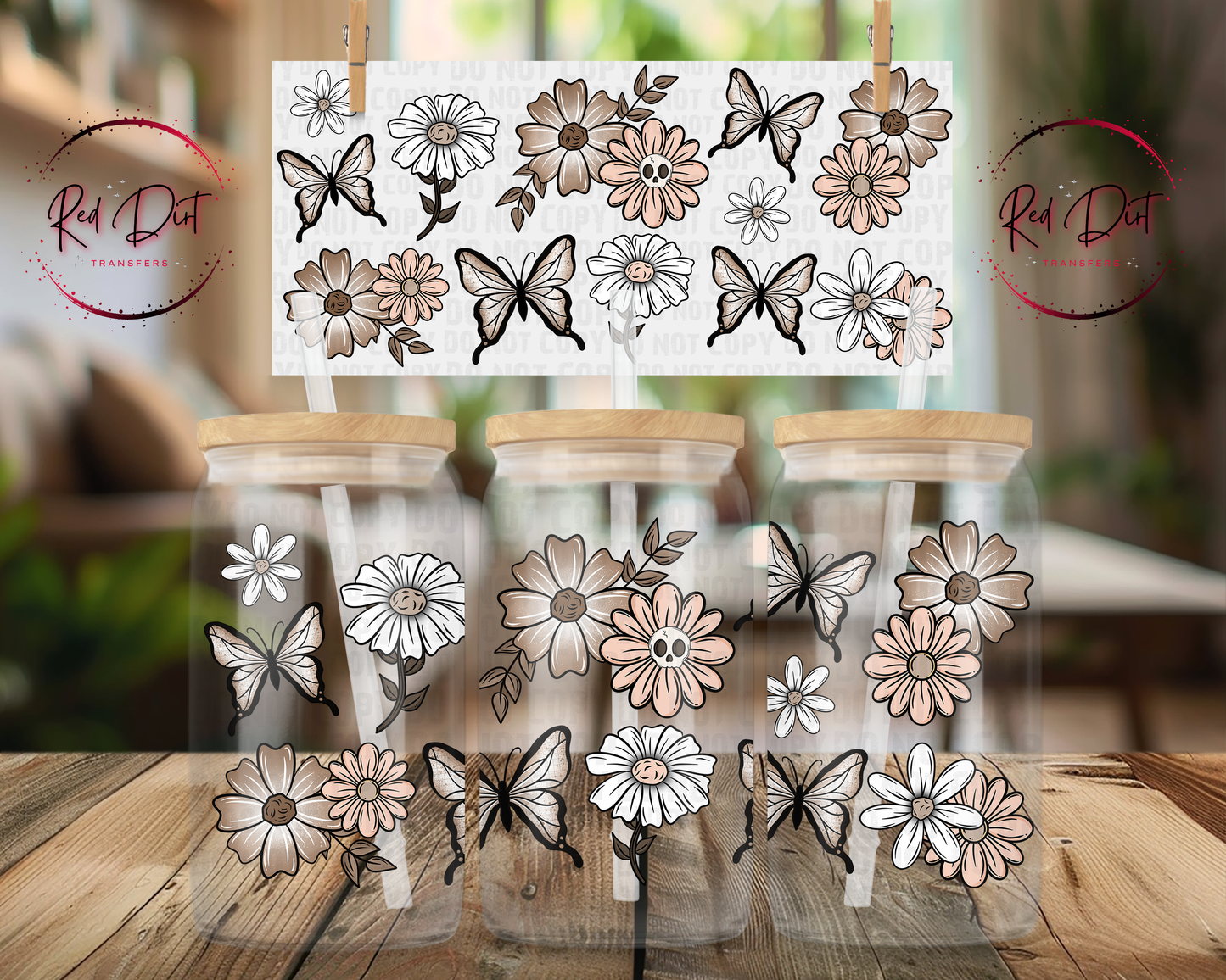 Neutral Butterfly UV DTF Wrap | Floral Libbey Glass Can Decal | Beige Daisy Tumbler Transfer | Aesthetic Cup Wrap