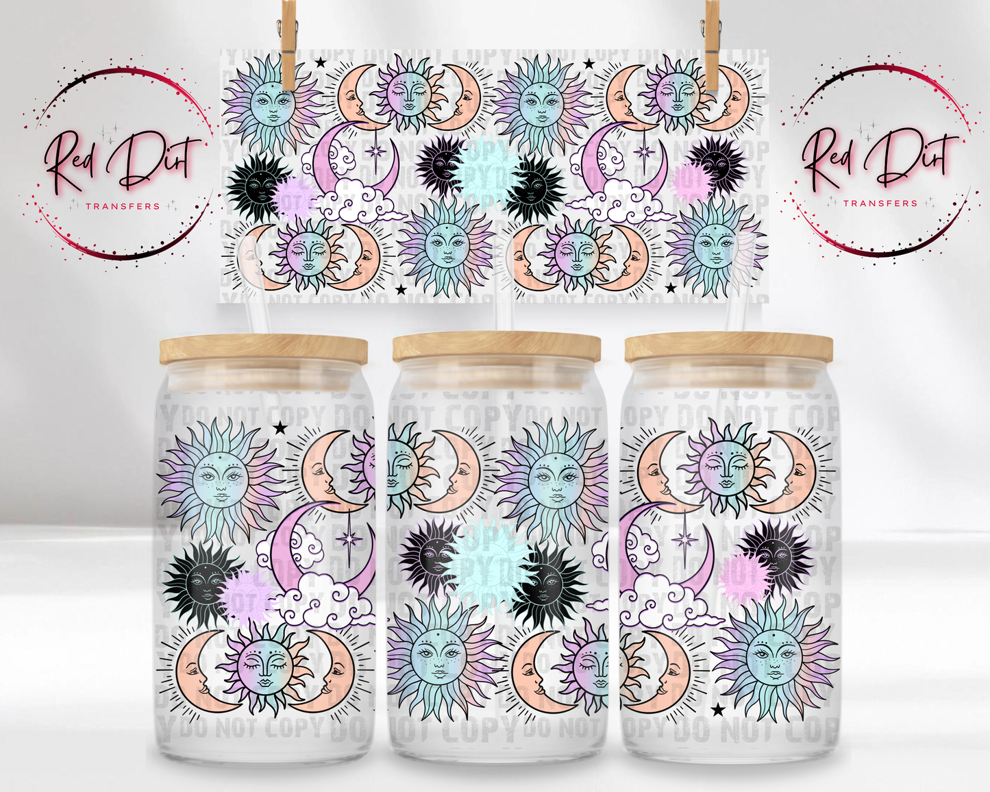 Celestial UV DTF Transfer, Sun Moon Cup Wrap, 16 oz Libbey Glass Can Wrap, Boho Astrology Transfer, Retro Pastel Celestial Decal