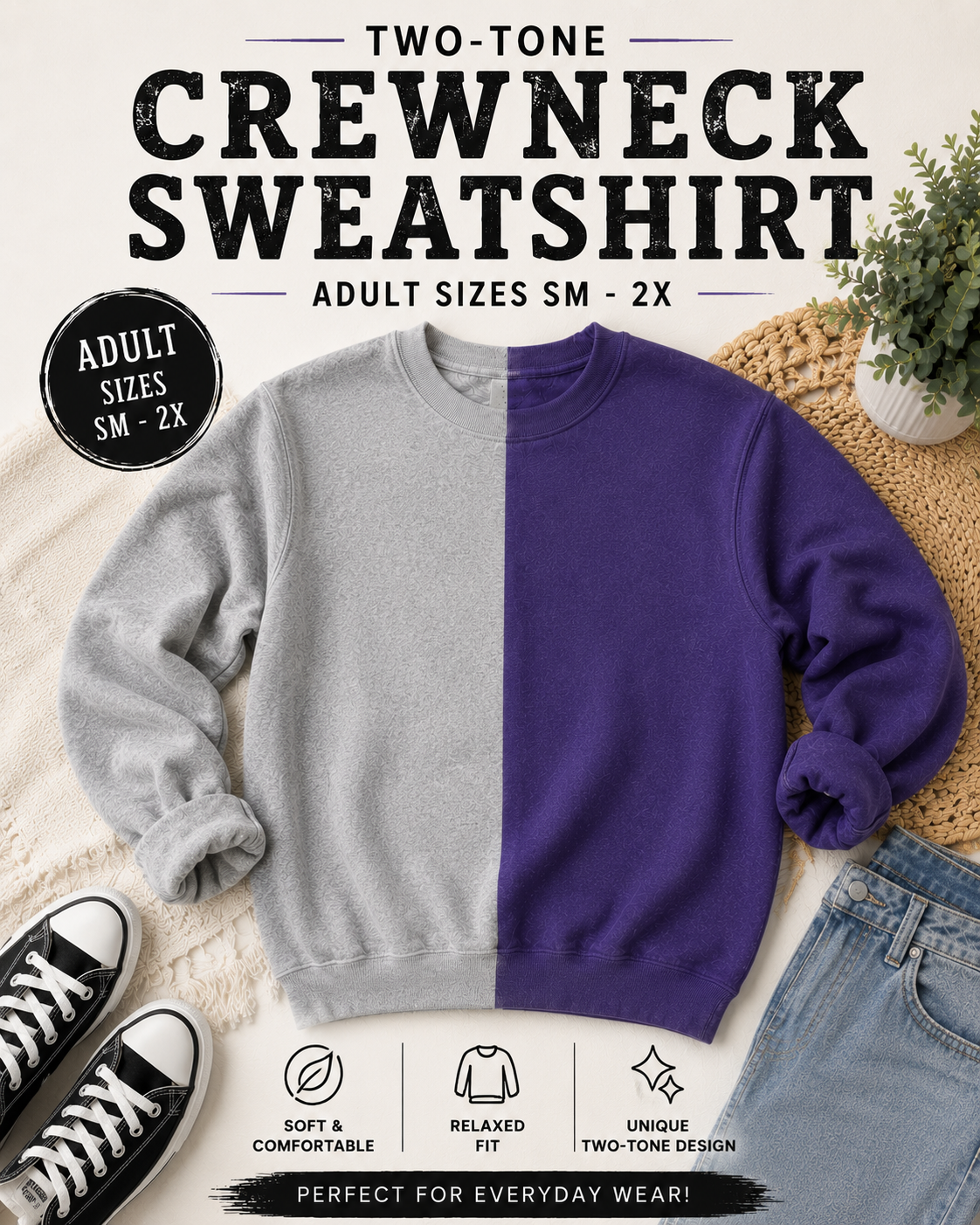 Split Two-tone Crewneck Blank Sweatshirt