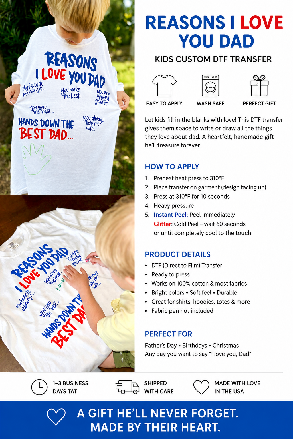 Reasons I Love You Dad DTF Transfer | Father’s Day Shirt Transfer | Kids Fill In Dad Shirt | DIY Keepsake Gift Transfer | Custom Dad Tee