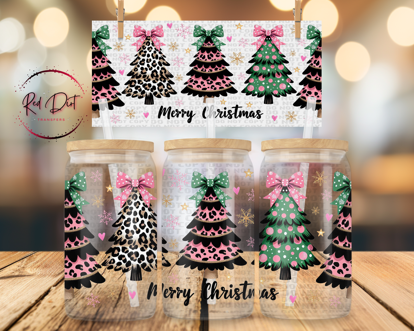 Merry Christmas Trees UV DTF Libbey Transfer | Trendy Christmas Libbey Wrap | Ready to Transfer | High Quality | Waterproof UV Transfer
