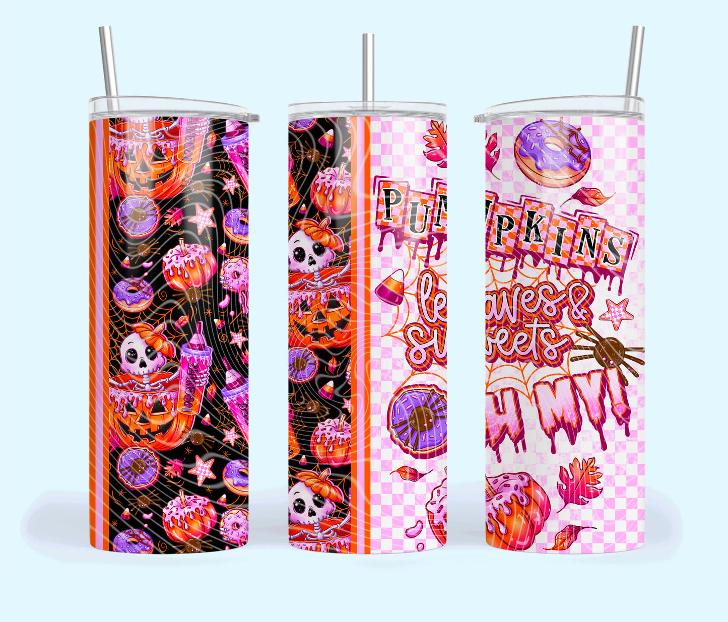 Pumpkins Leaves and Sweets Oh My Insulated Tumbler with Plastic Lid and Sealed Reusable Straw | Trendy Halloween Cup | Hot/Cold Tumbler