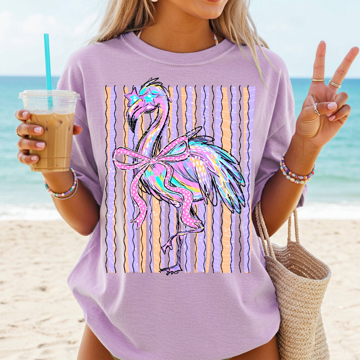 Flamingo Bow DTF Transfer, Retro Beach Flamingo with Bow, Colorful Summer Shirt Transfer, Ready to Press Heat Transfer