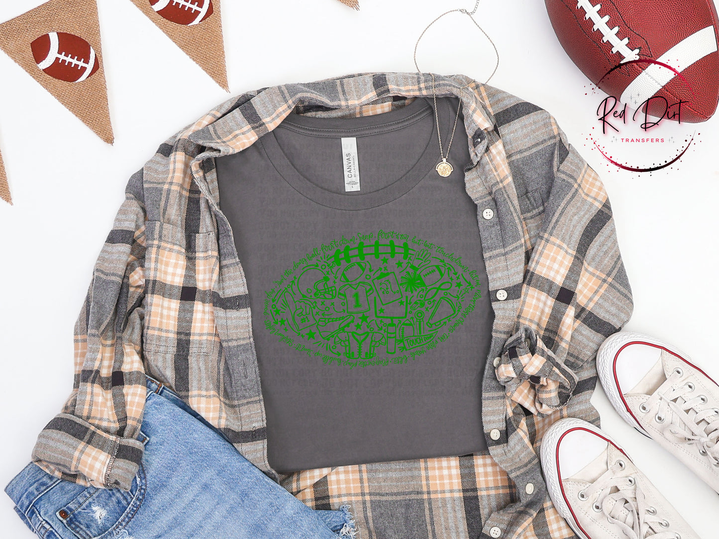 Green Football Doodle DTF Transfer | Green Football Heat Transfer | Ready to Press Transfer