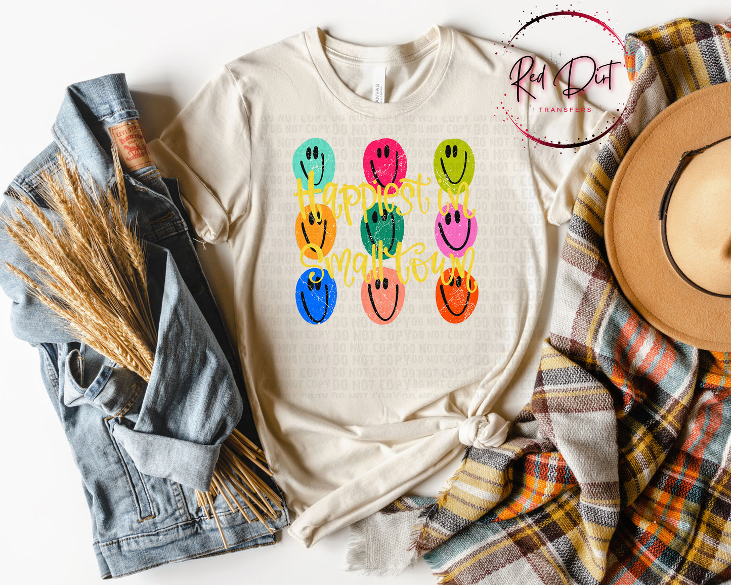 Happiest In Small Town DTF Transfer | Retro Smiley Face Transfer | Colorful Graphic Heat Transfer | Ready to Press