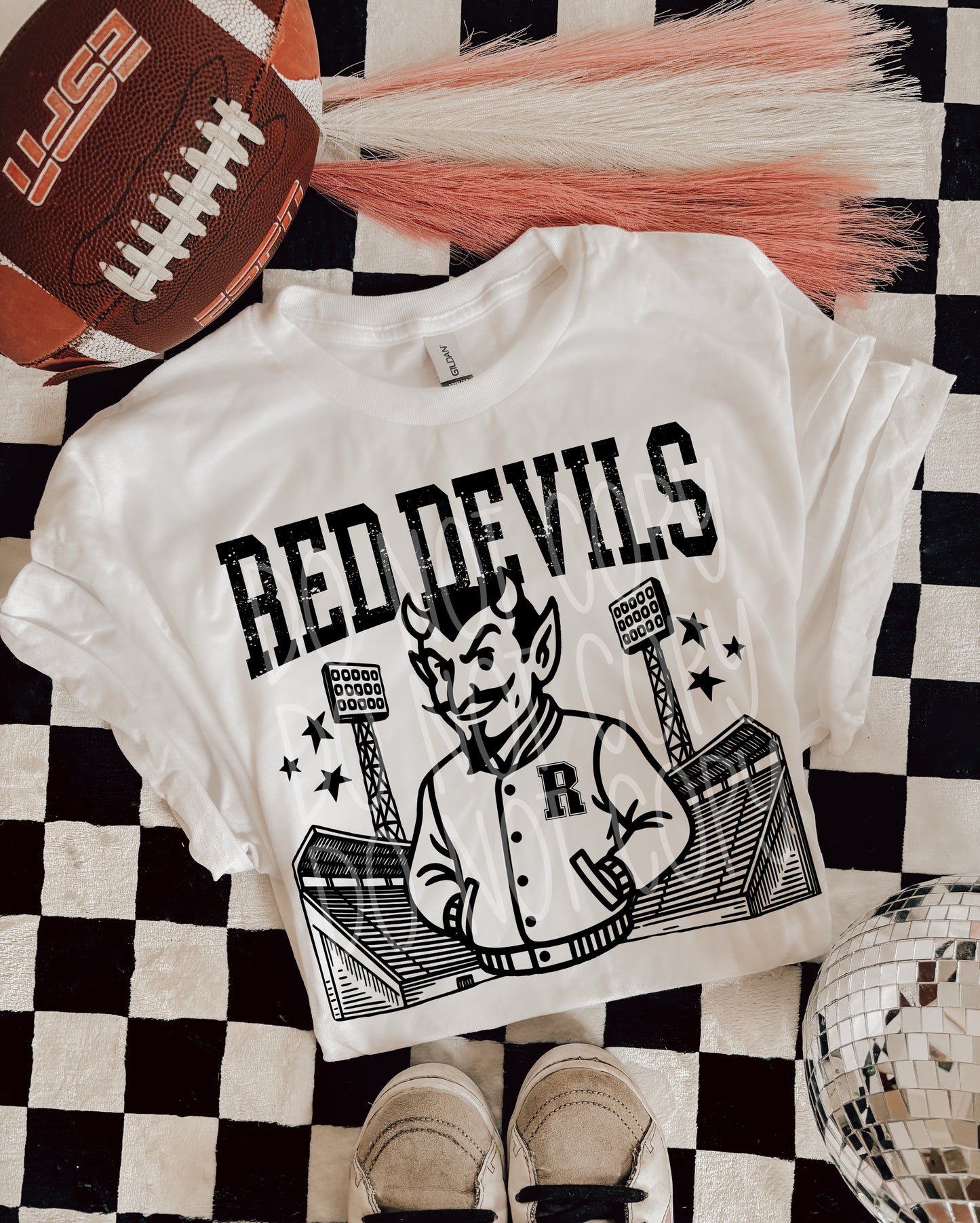 Red Devils Letterman Mascot T-Shirt | Trendy School Spirit Shirt | Fast Shipping | Super Soft Shirts for Men/Women/Kid's