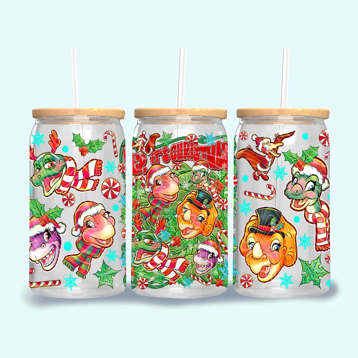 Christmas Dinosaurs UV DTF Libbey Transfer | Trendy Christmas Libbey Wrap | Ready to Transfer | High Quality | Waterproof UV Transfer