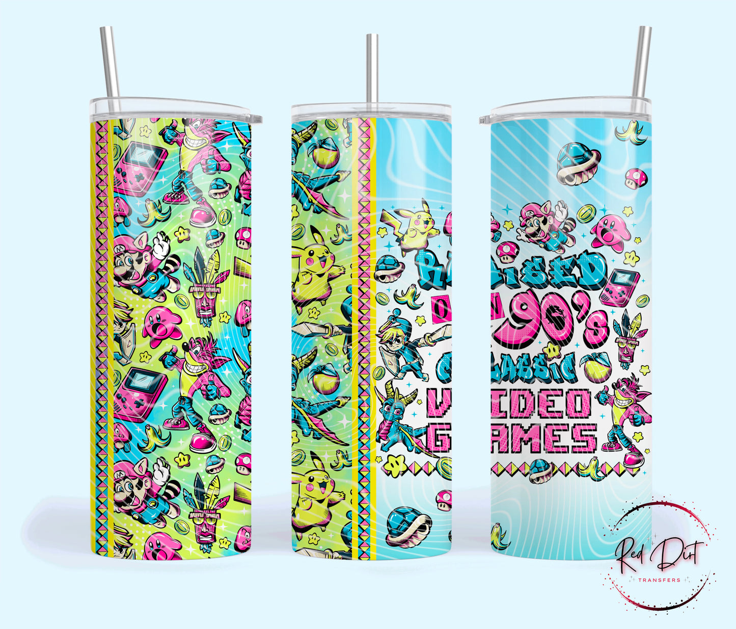 Raised On 90's Classic Video Games Insulated Tumbler with Plastic Lid and Sealed Reusable Straw | Trendy Throwback Cup | Hot/Cold Tumbler