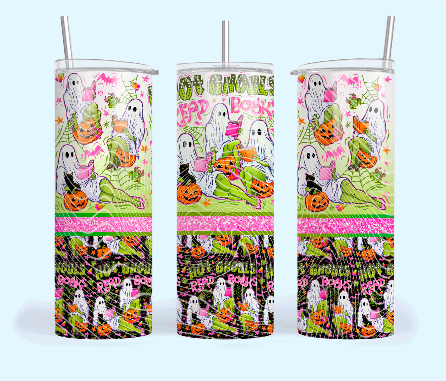 Hot Ghouls Read Books Insulated Tumbler with Plastic Lid and Sealed Reusable Straw | Trendy Halloween Cup | Hot/Cold Tumbler