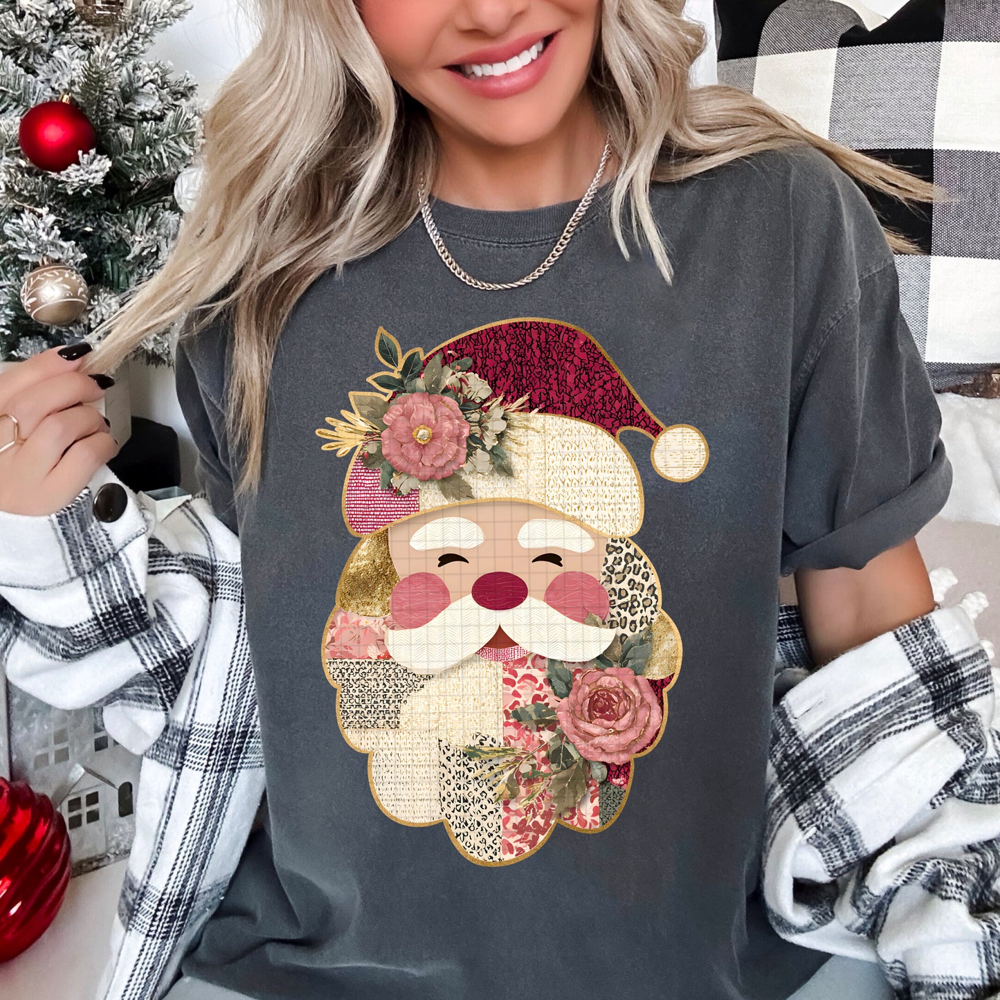 Patchwork Santa DTF Transfer | Trendy Christmas DTF Transfer | High Quality Image Transfers | Ready to Press | Instant Peel