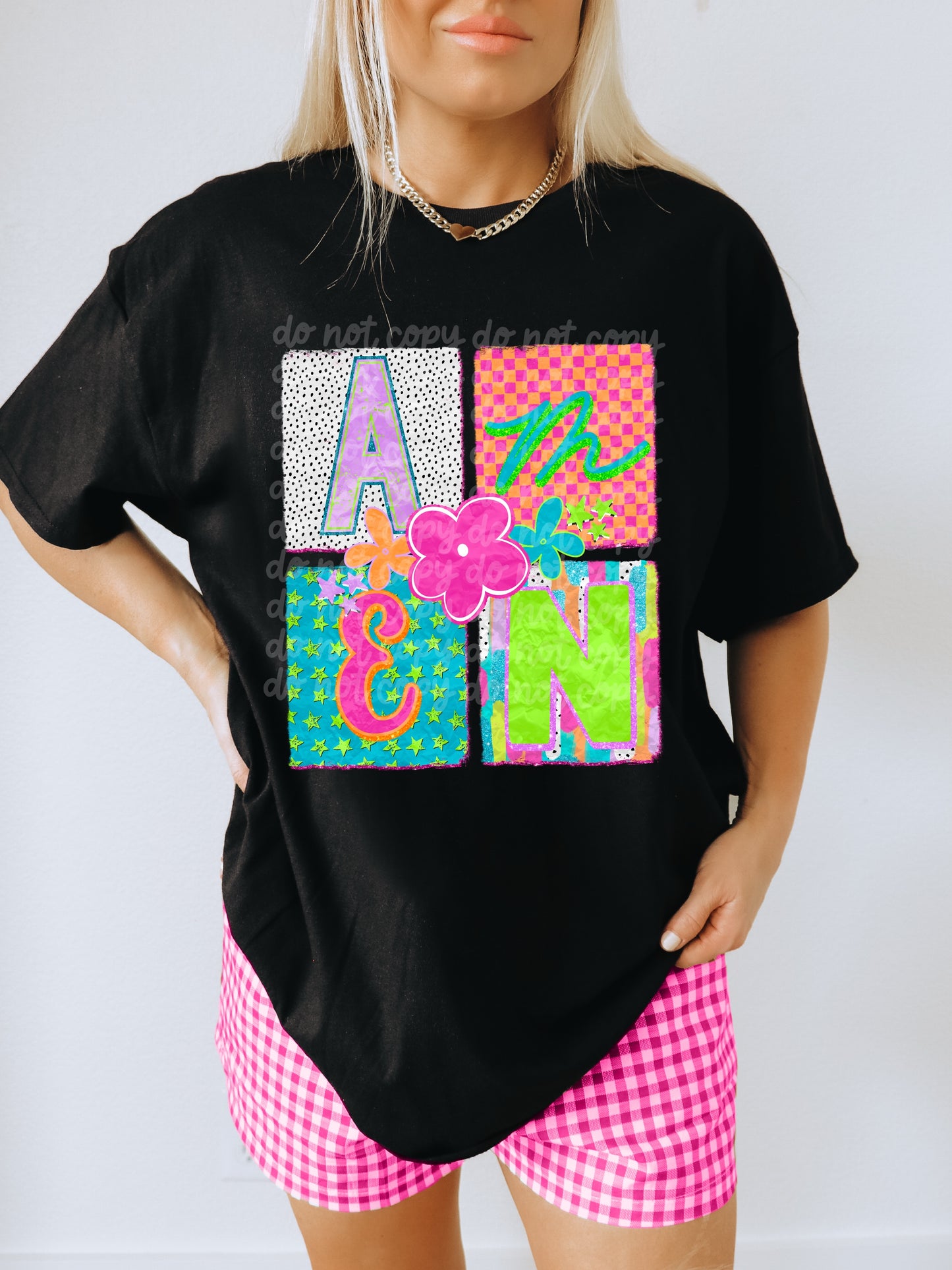 Amen Patchwork DTF Transfer Ready to Press | Colorful Christian DTF | Retro Checkered Floral Faith Design | Red Dirt Transfers