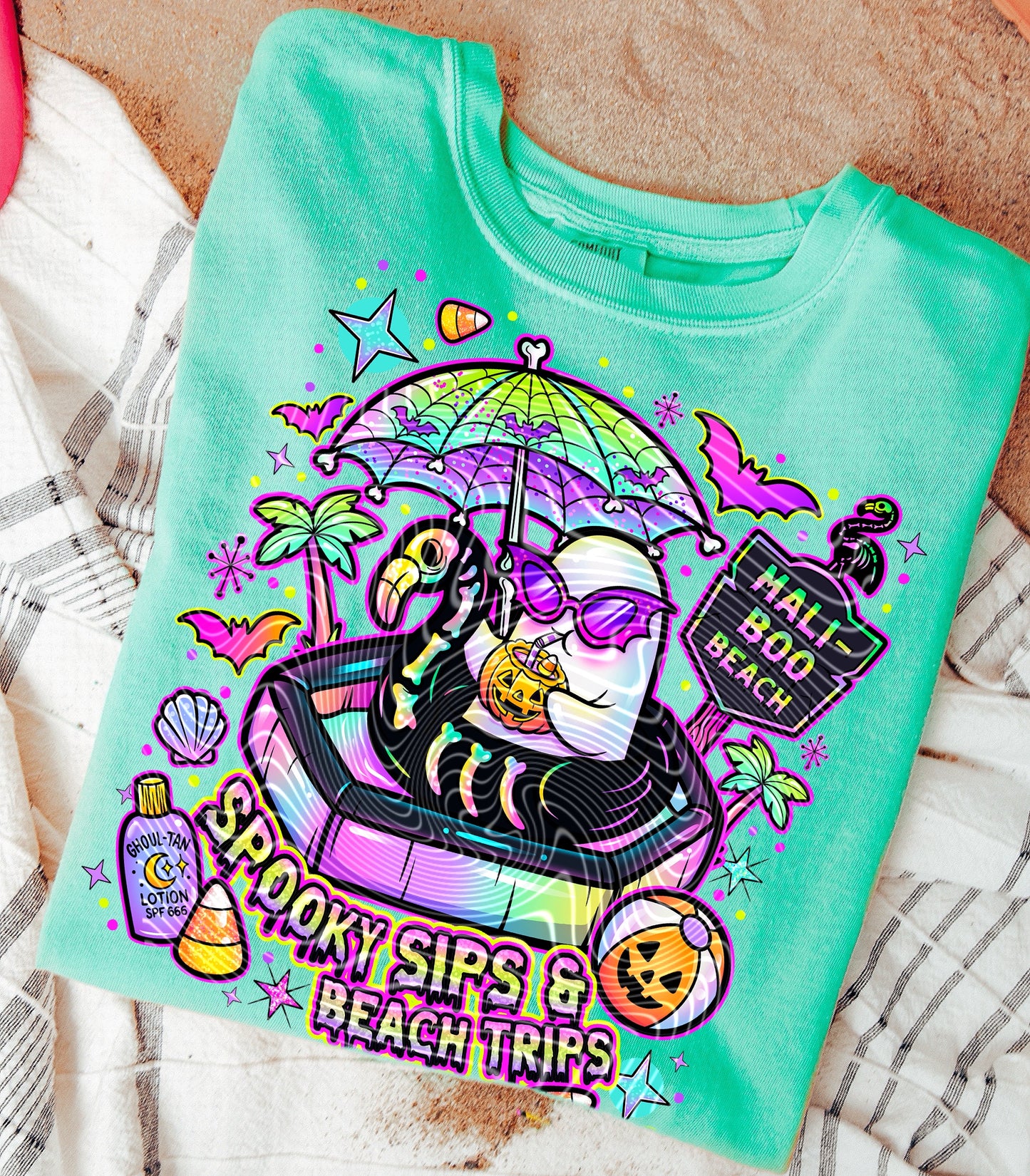 Spooky Sips & Beach Trips DTF Transfer, Halloween Summer DTF, Ghost Beach Transfer, Cute Halloween Shirt Design, Trendy Spooky DTF