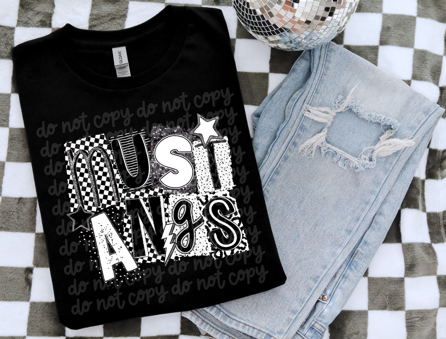 Mustangs BW Collage Mascot DTF Transfer | Trendy School Spirit DTF Transfer | High Quality Image Transfers | Ready to Press | Instant Peel