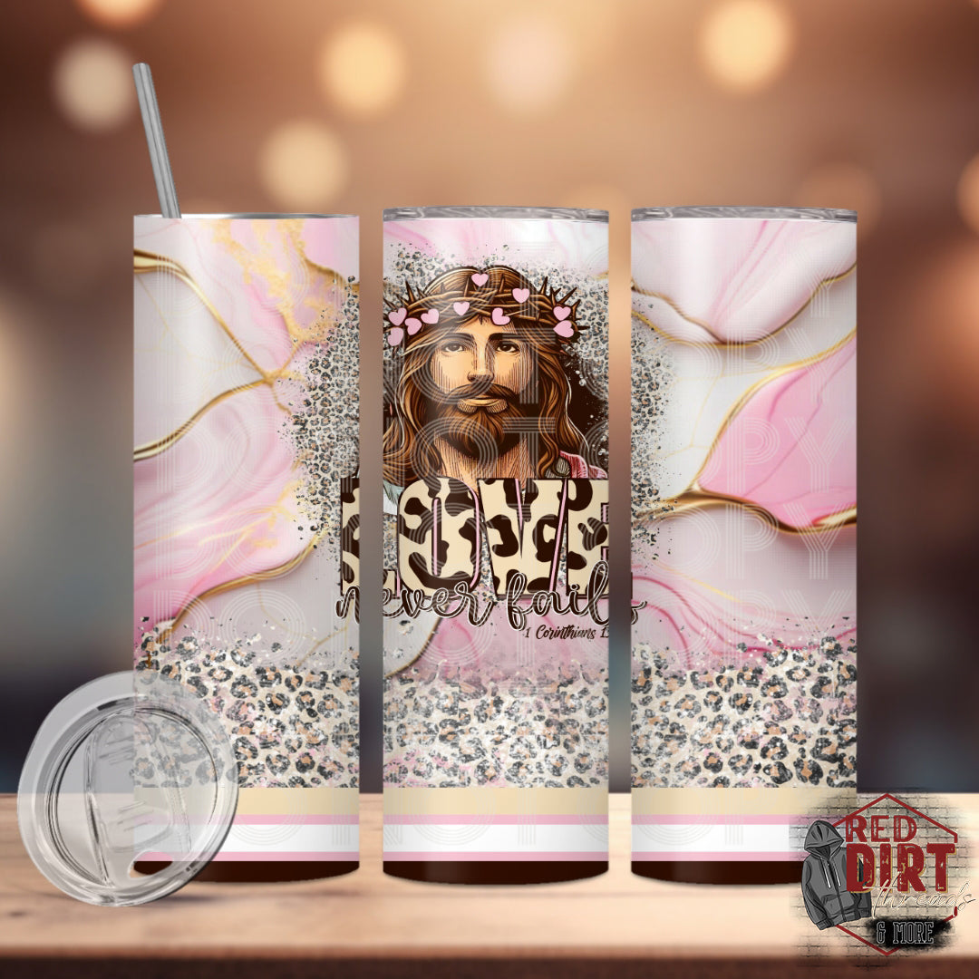 Love Never Fails Insulated Tumbler with Plastic Lid and Sealed Reusable Straw | Trendy Christian Cup | Hot/Cold Tumbler
