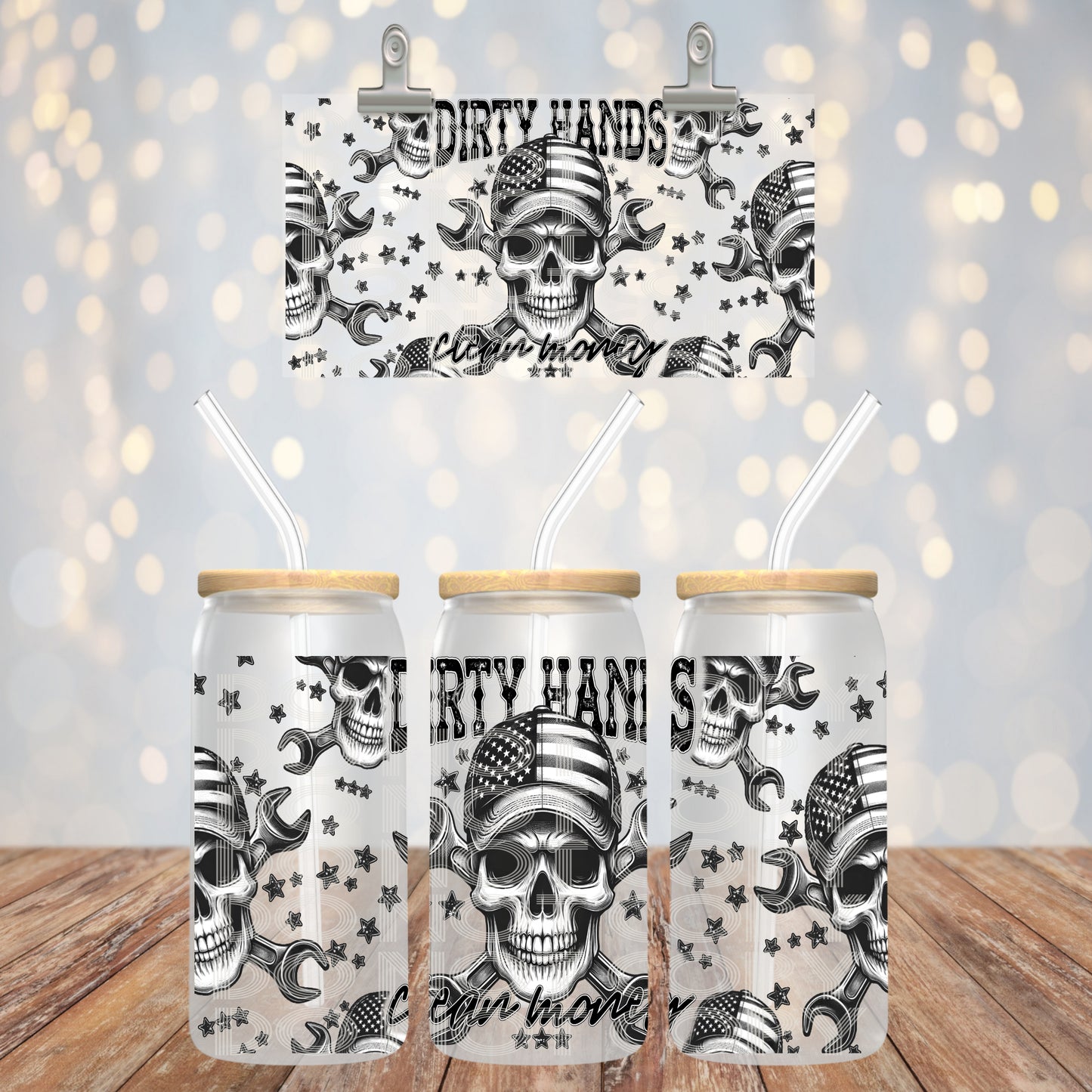 Dirty Hands Clean Money UV DTF Libbey Transfer | Trendy Libbey Wrap | Ready to Transfer | High Quality | Waterproof UV Transfer