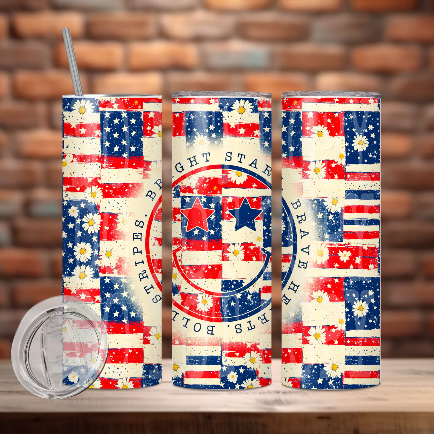 Bright Stars Braves Hearts Bold Stripes Insulated Tumbler with Plastic Lid and Sealed Reusable Straw | Trendy Independence Day Cup | Hot/Cold Tumbler