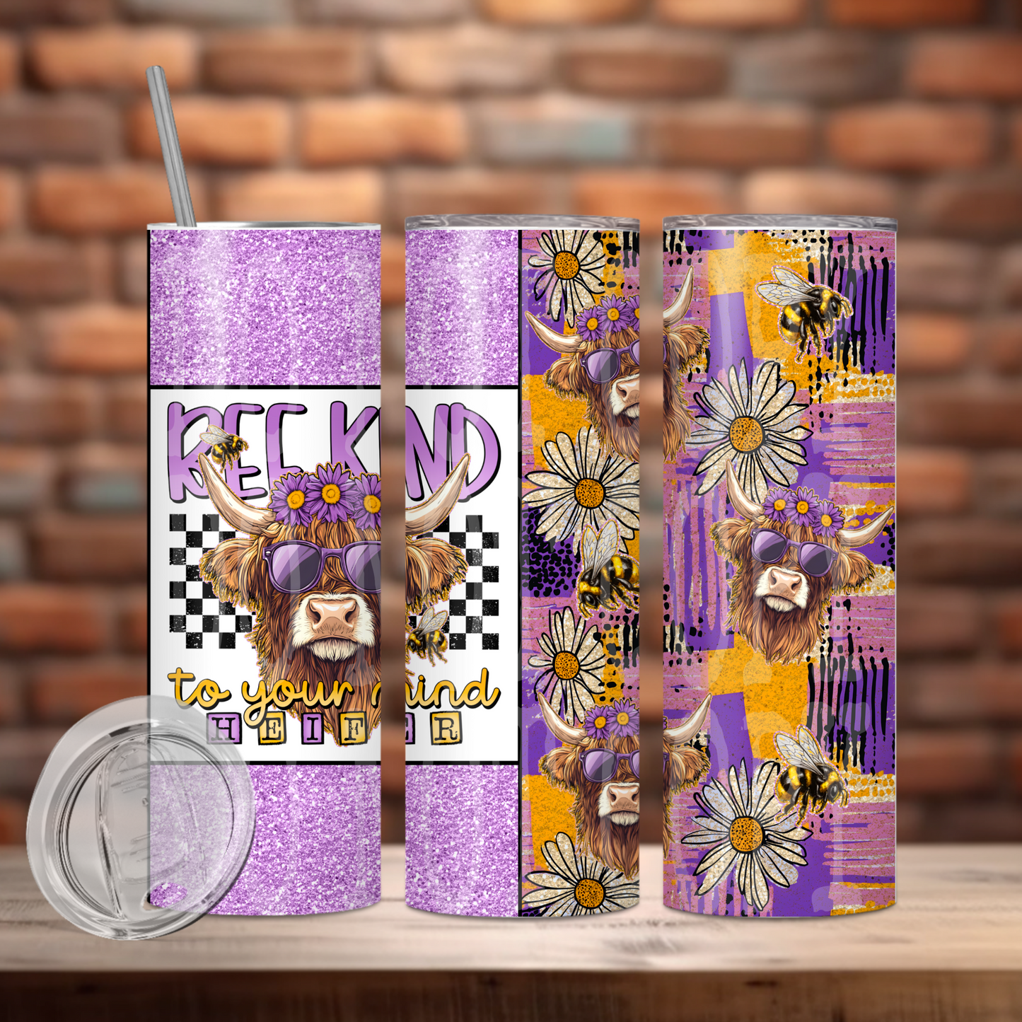 Bee Kind To Your Mind Heifer Insulated Tumbler with Plastic Lid and Sealed Reusable Straw | Trendy Mental Health Cup | Hot/Cold Tumbler