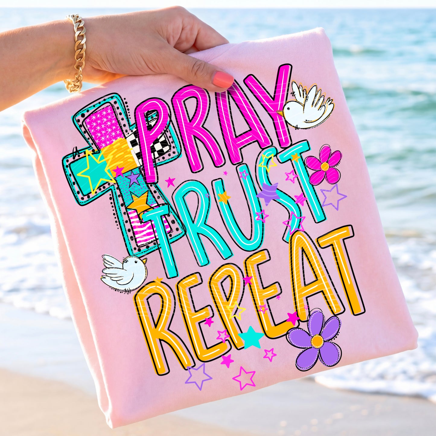 Pray Trust Repeat DTF Transfer | Christian Retro Transfer | Faith Shirt Print | Religious Boutique Transfer