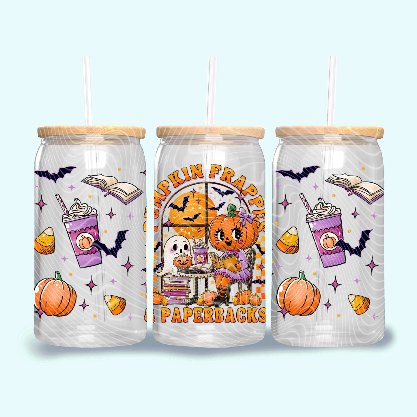 Pumpkins, Frappe's, and Paperbacks UV DTF Libbey Transfer | Trendy Halloween Libbey Wrap | Ready to Transfer | High Quality | Waterproof UV Transfer