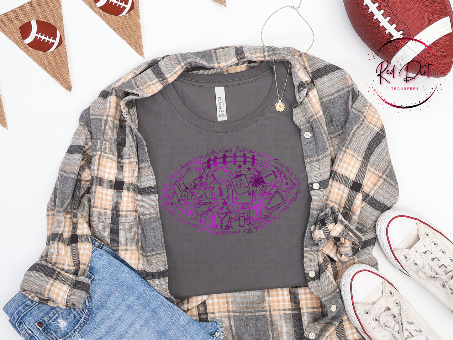 Purple Metallic Football Doodle DTF Transfer | Purple Football Heat Transfer | Ready to Press Transfer