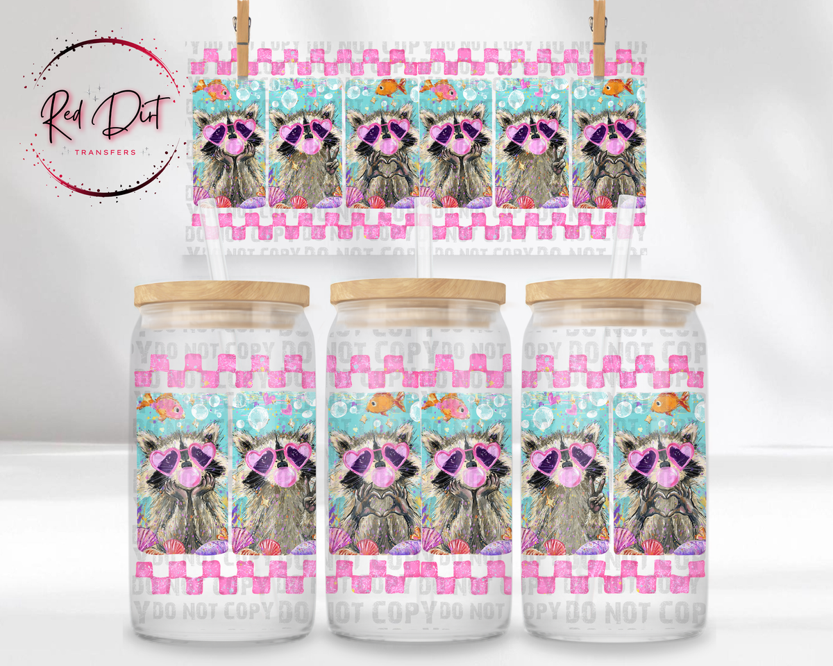 Raccoon UV DTF Transfer | Pink Checkered Raccoon Cup Wrap | Cute Raccoon Tumbler Transfer | Beachy Raccoon Drinkware
