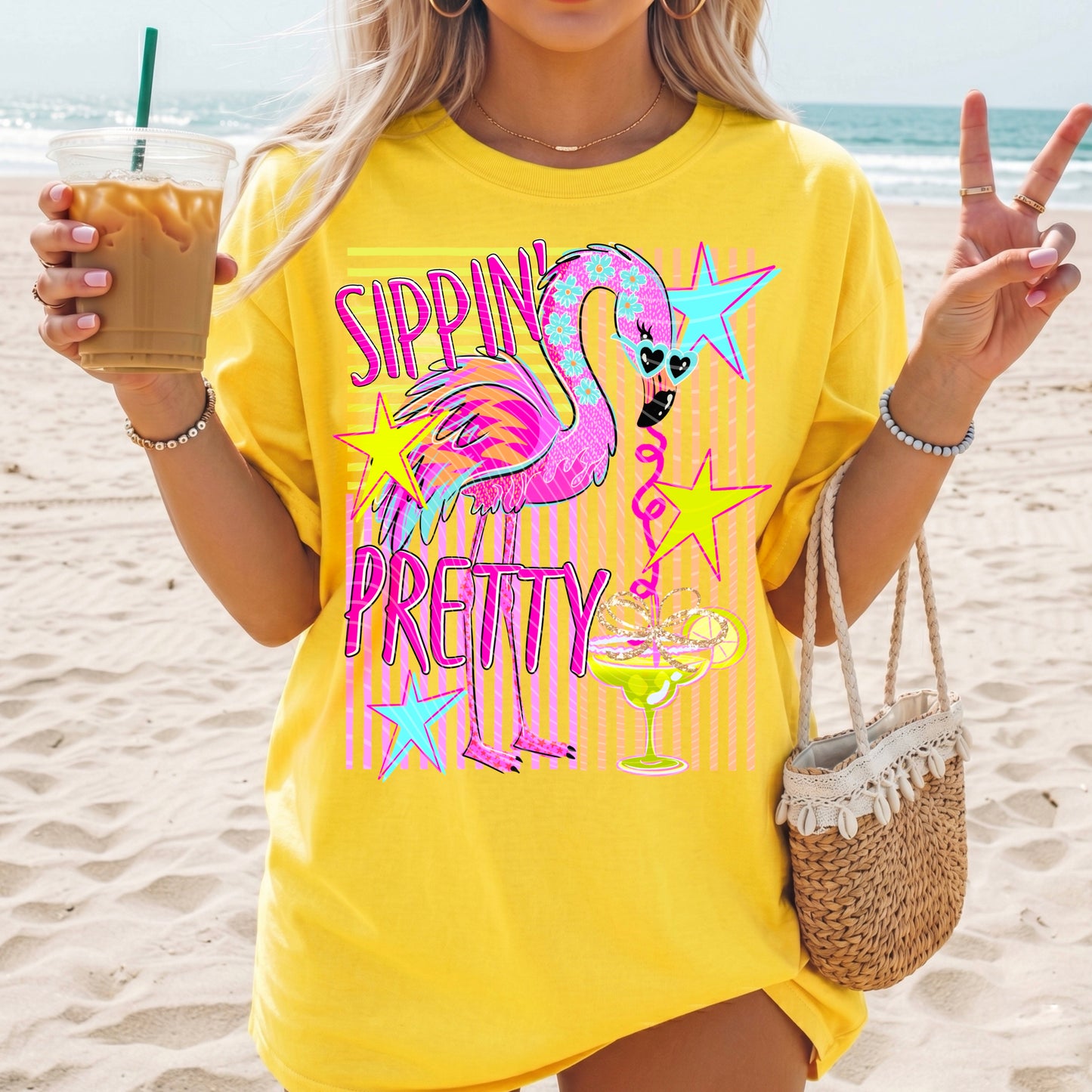 Sippin Pretty DTF Transfer | Flamingo Beach Transfer | Summer Cocktail Shirt Print | Boutique Graphic Tee