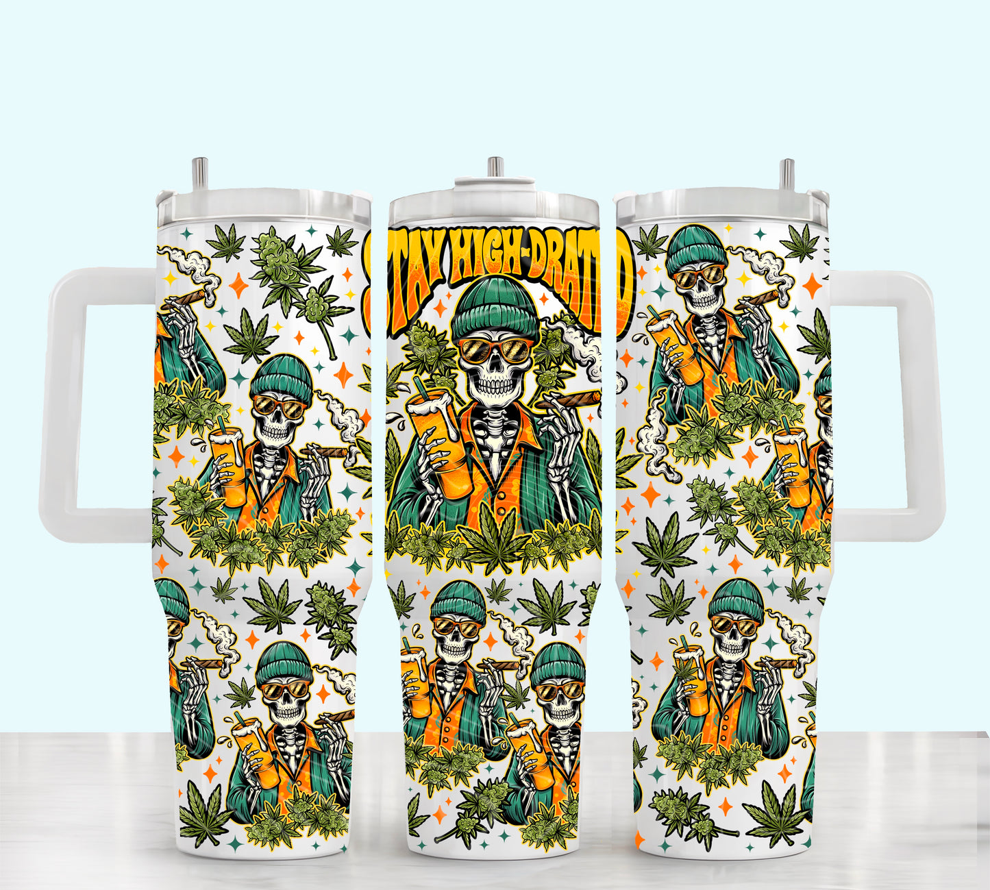 Stay Highdrated 40oz UV DTF Tumbler Wrap | 420 Friendly Skeleton Tapered Cup Wrap | Funny Stoner Tumbler Decal