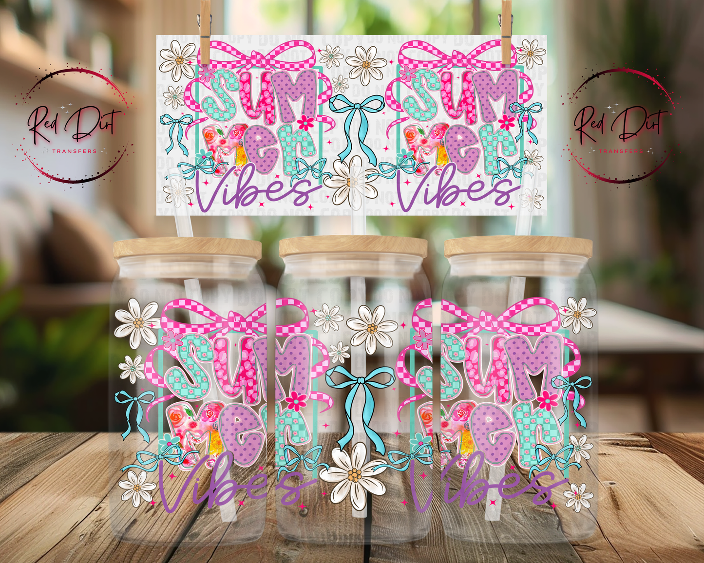Summer Vibes UV DTF Wrap | Coquette Libbey Glass Can Decal | Bow Floral Tumbler Transfer | Girly Summer Cup Wrap