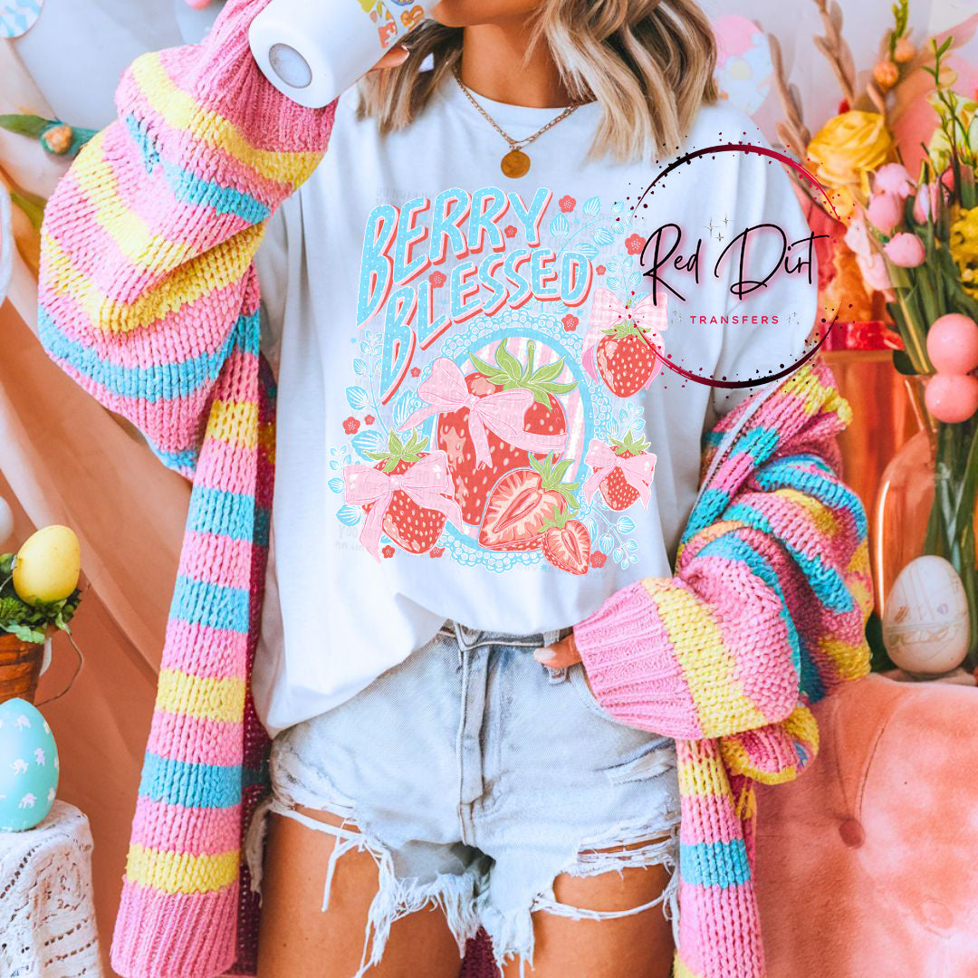 Berry Blessed Strawberry Shirt, Coquette Bow Tee, Bella Canvas Strawberry Graphic Tee, Cute Pink Aesthetic Shirt, Trendy Girly Summer Tee