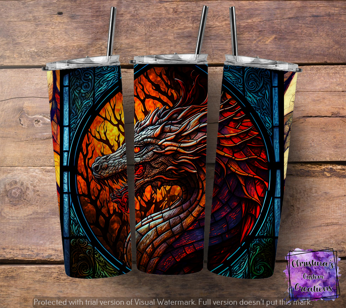 Stained Glass Dragon Insulated Tumbler with Plastic Lid and Sealed Reusable Straw | Colorful Dragon Cup | Hot/Cold Tumbler