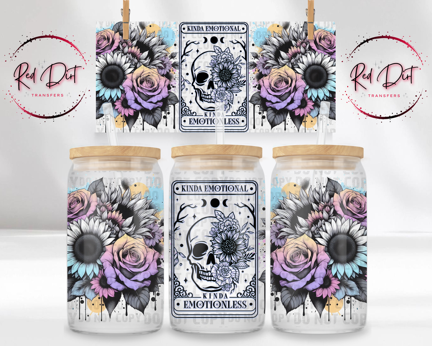 Kinda emotional kinda emotionless UV Dtf Libbey wrap | skull floral cup wrap | uv dtf transfer for glass cans | Red Dirt Transfers