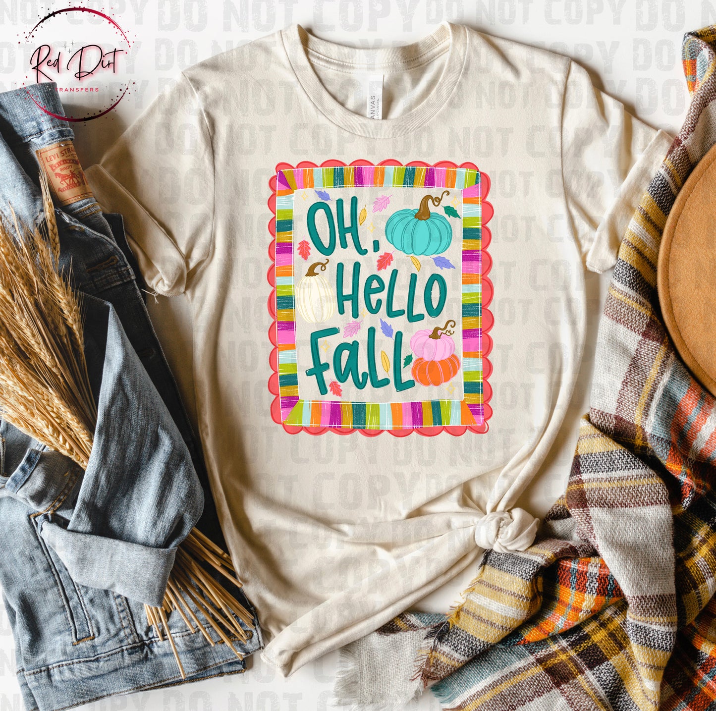 Oh Hello Fall DTF Transfer | Colorful Pumpkin Fall Heat Transfer | Retro Autumn Ready to Press Transfer | Cute Fall Shirt Design