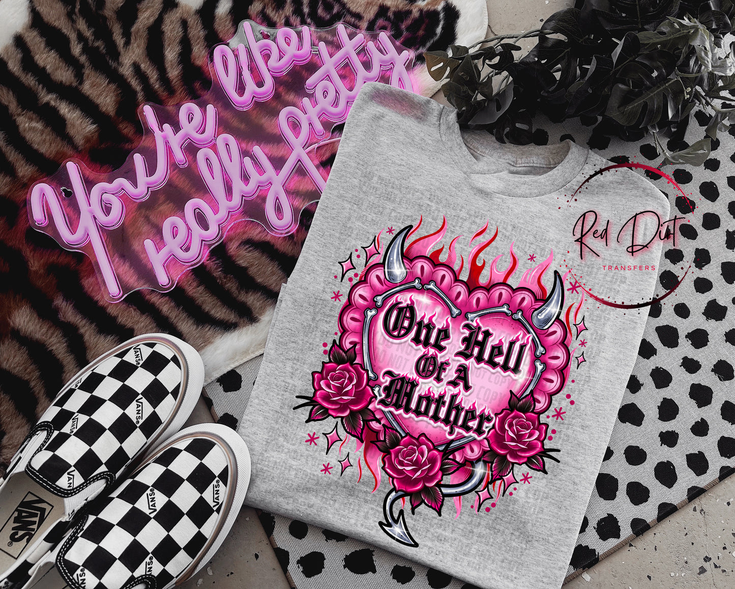 One Hell of a Mother DTF Transfer Ready to Press | Edgy Mom Shirt Transfer | Gothic Heart Tattoo Design | Red Dirt Transfers